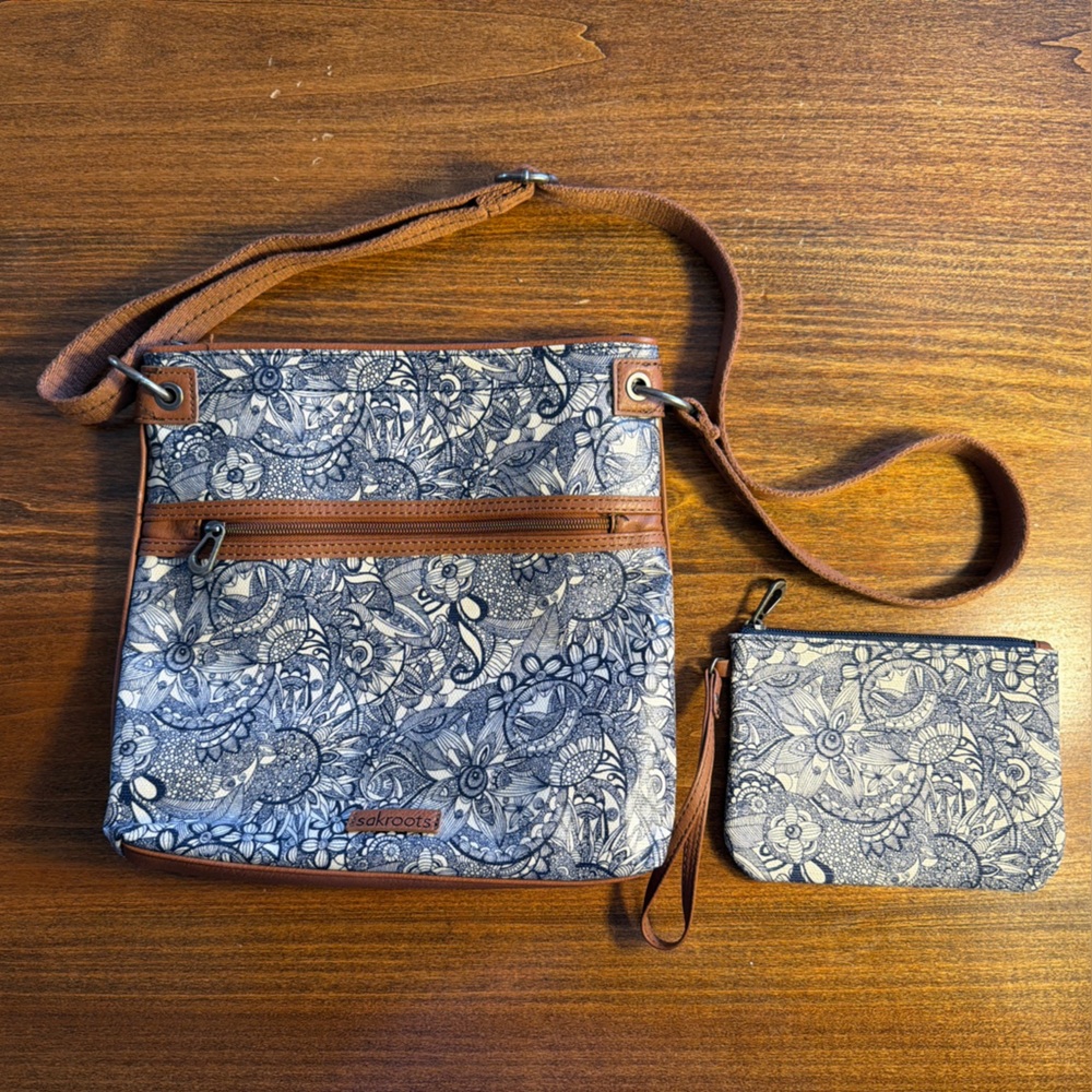 Sakroots Floral Blue and Brown Crossbody Bag with Wristlet